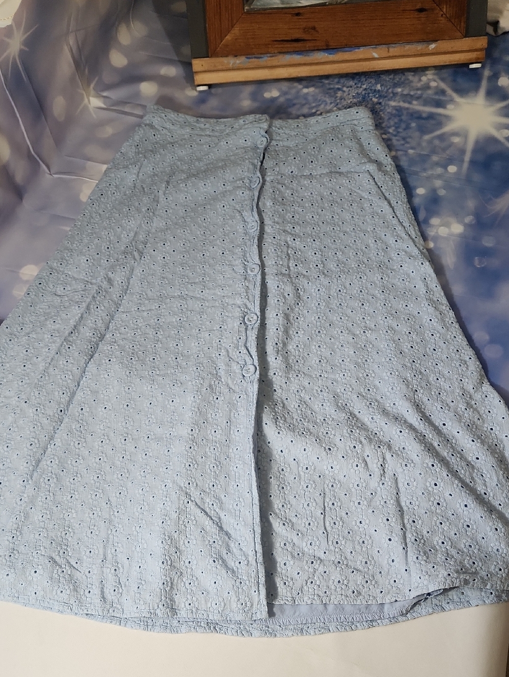 Light Blue Eyelet Button-Front A-Line Skirt